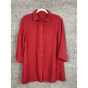 Fridaze Linen Top Medium 3/4 Sleeve Maroon Full Button Down